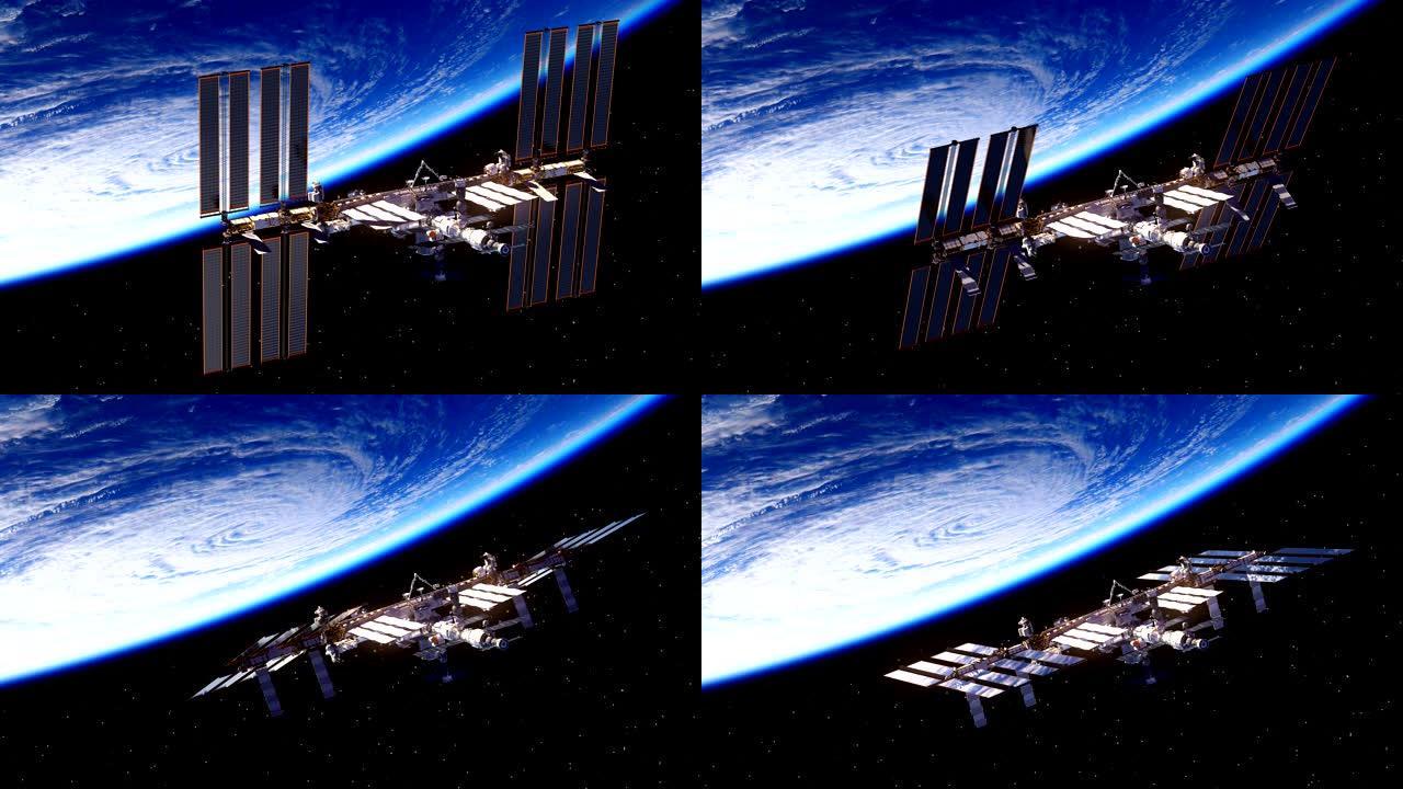 国际空间站在外层空间旋转太阳能电池板