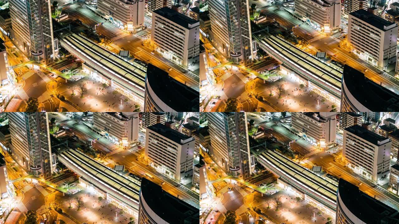 延时: 横滨市夜间火车站和高速公路的鸟瞰图