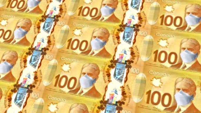 加拿大的新型冠状病毒肺炎冠状病毒，带口罩的加拿大元钞票。冠状病毒影响全球股市。