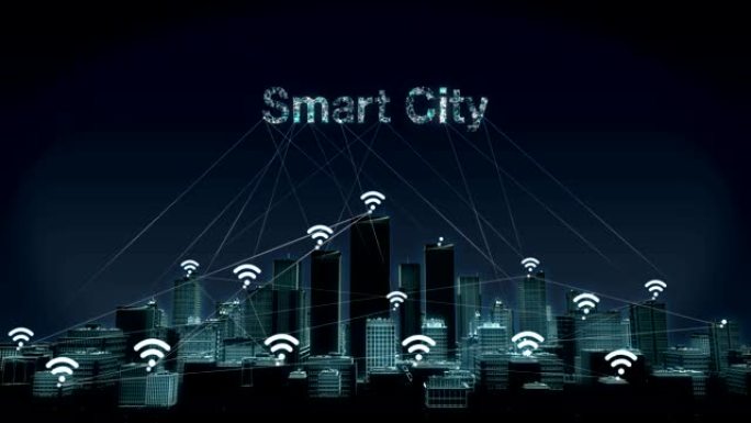 向前移动，智能城市上的各种wi-fi图标，连接 “智能城市” 的智能建筑。4k。