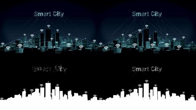 向前移动，智能城市上的各种wi-fi图标，连接 “智能城市” 的智能建筑。4k。
