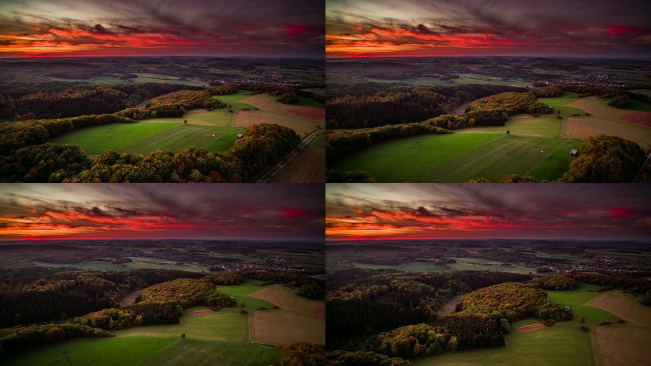 空中: 日落时德国田园诗般的秋季景观