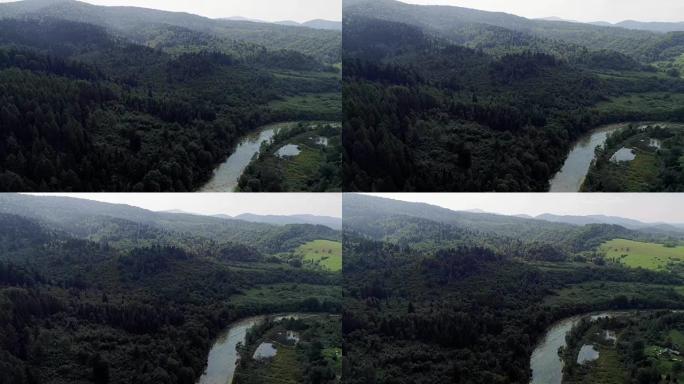 探索荒野。有河的山地景观。鸟瞰图