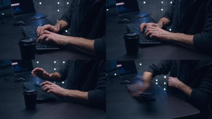 在键盘上打字的手的特写。在某个时候，程序员变得愤怒，用力敲打一杯咖啡，咖啡从桌子上掉下来。