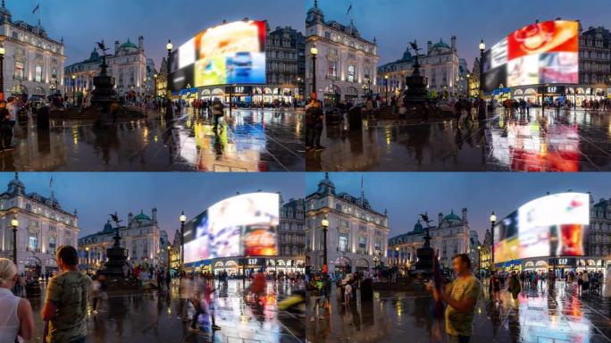 延时: 英国伦敦晚上，英国皮卡迪利广场市中心的行人通勤人群