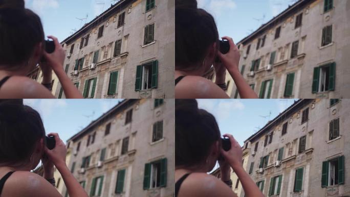 女孩在城市拍照特写镜头右侧留白欧美美女