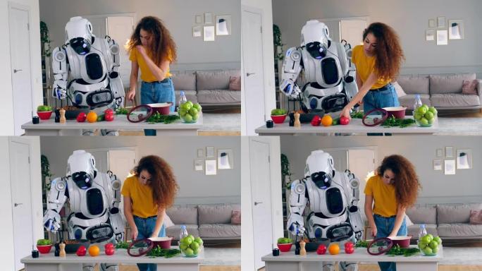 年轻女子和一个半机械人一起做饭。机器人、半机械人与人类概念。