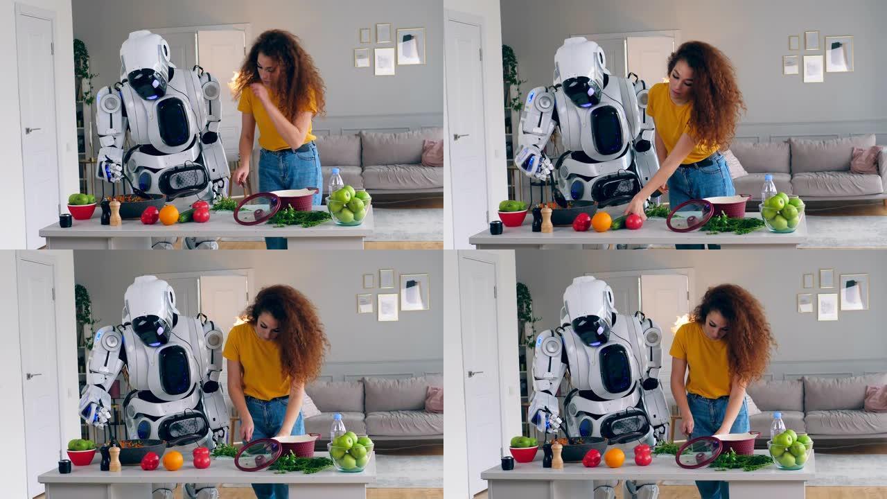 年轻女子和一个半机械人一起做饭。机器人、半机械人与人类概念。