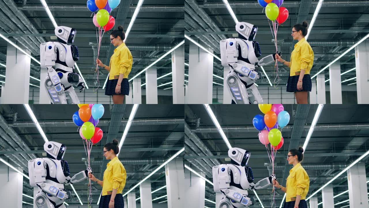 一个女孩将彩色气球送给机器人