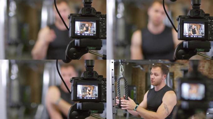 健美运动员为博客录制视频锻炼