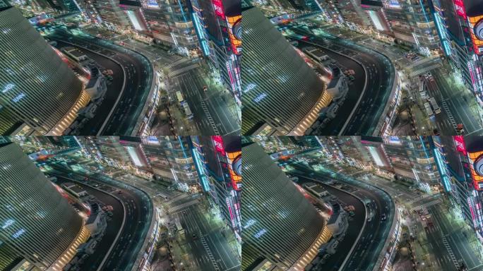 鸟瞰人行交叉路口人行横道银座人行横道在东京市夜间行驶的4k时间流逝。日本，日本文化观念