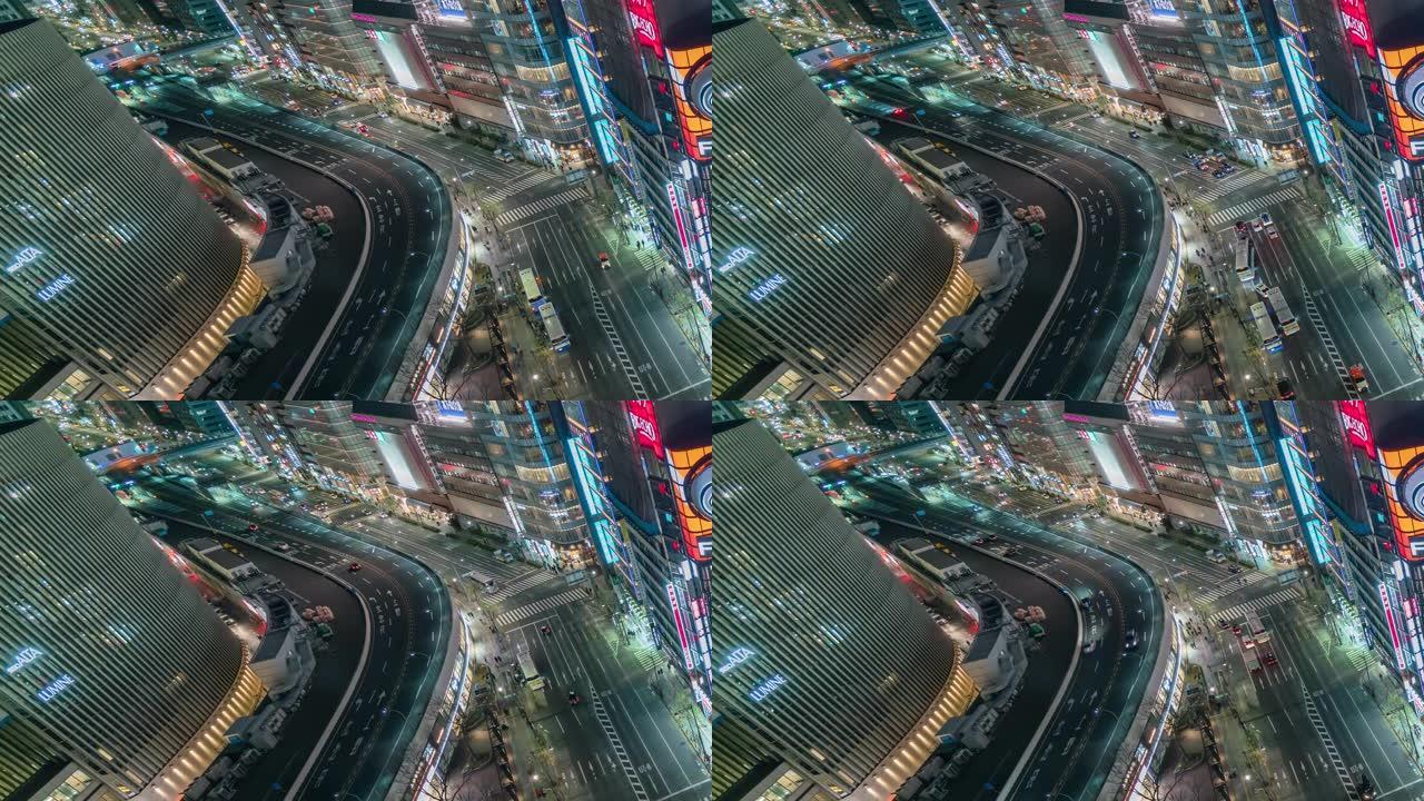 鸟瞰人行交叉路口人行横道银座人行横道在东京市夜间行驶的4k时间流逝。日本，日本文化观念