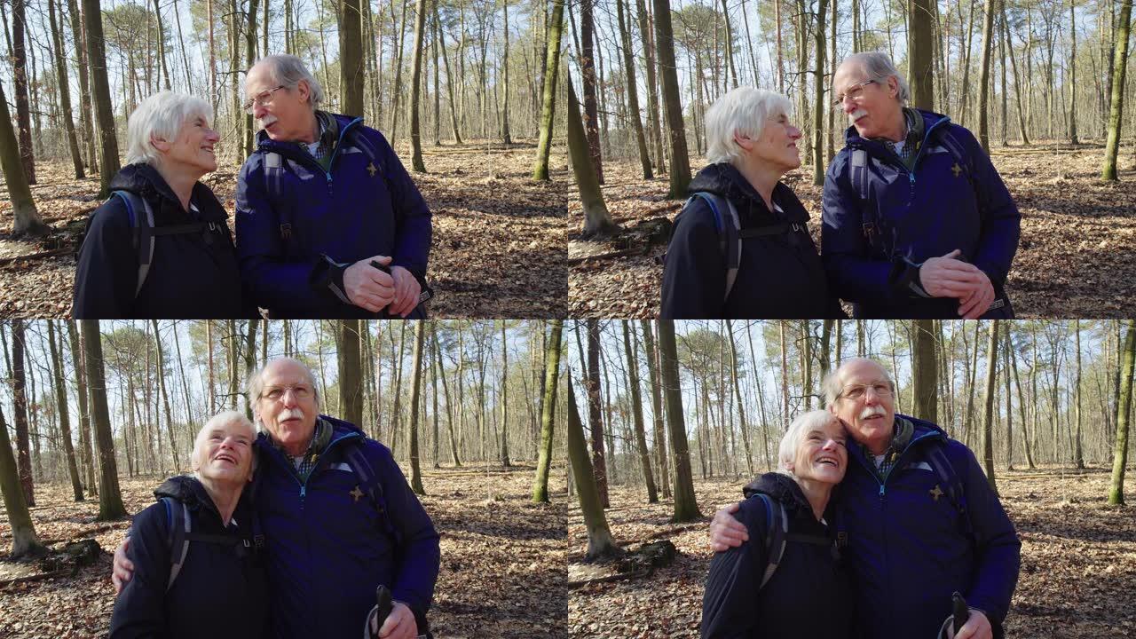 老年夫妇在探索森林时交谈