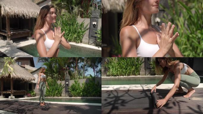 在后院热带花园中完成瑜伽练习的女人的镜头序列