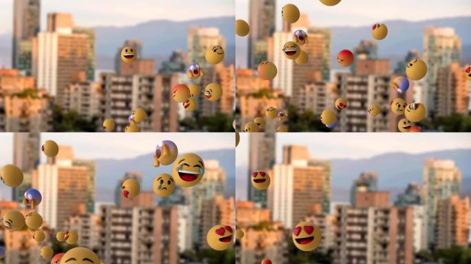 Emoji图标飞越城市景观4k