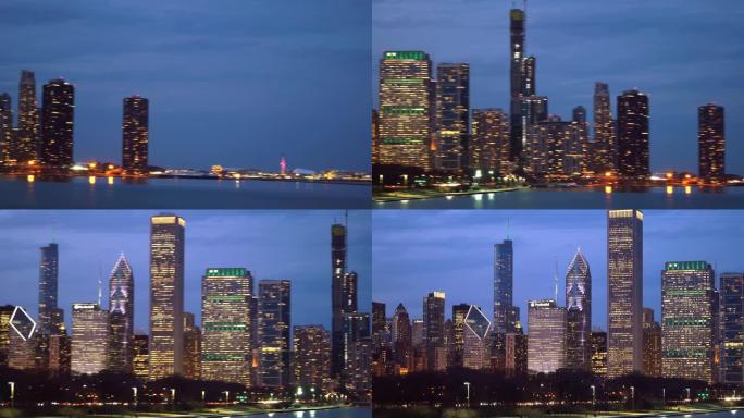 平移芝加哥城市景观办公室天际线摩天大楼与密歇根湖