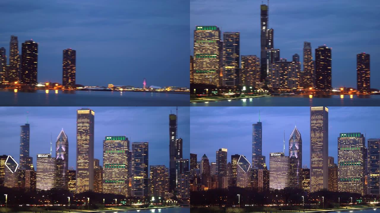 平移芝加哥城市景观办公室天际线摩天大楼与密歇根湖