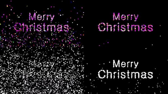 文字圣诞快乐出现在五彩纸屑爆炸的黑色背景与阿尔法哑光。4K。