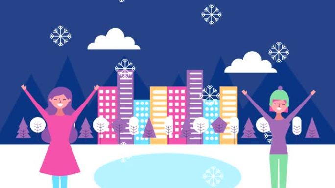 女孩和建筑物的冬季雪景场景