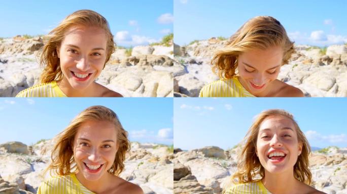 站在海滩上的年轻高加索妇女的前视图4k