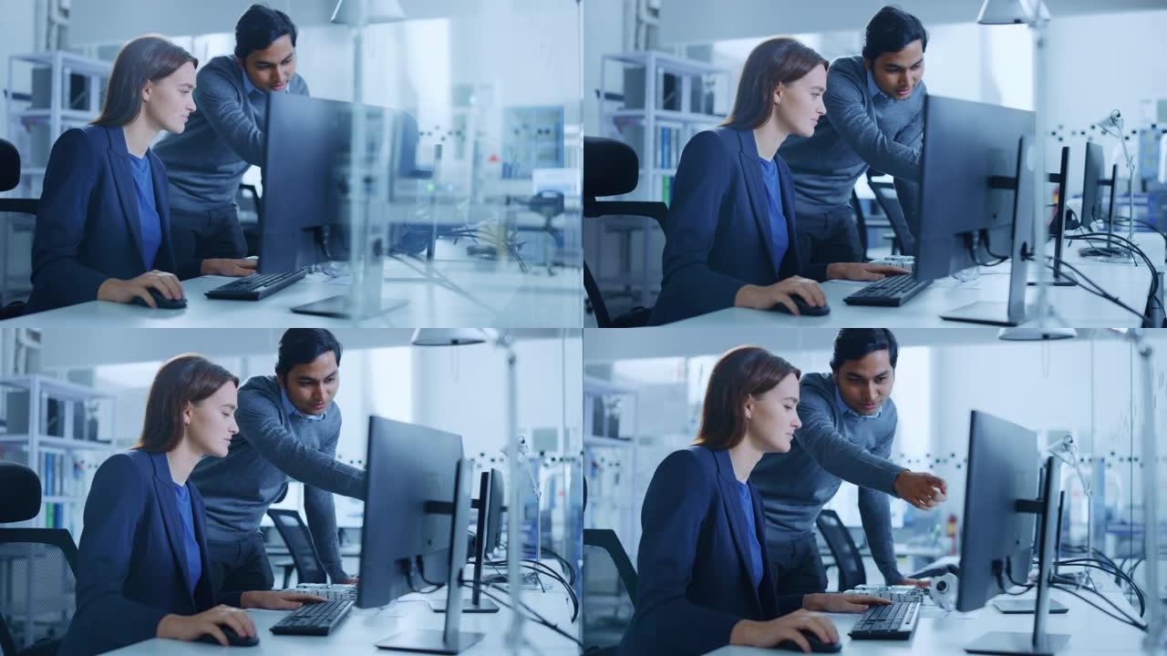 现代工厂办公室: 男性项目主管与一位从事计算机工作的女性工业工程师交谈。专业团队合作，年轻专家解决问