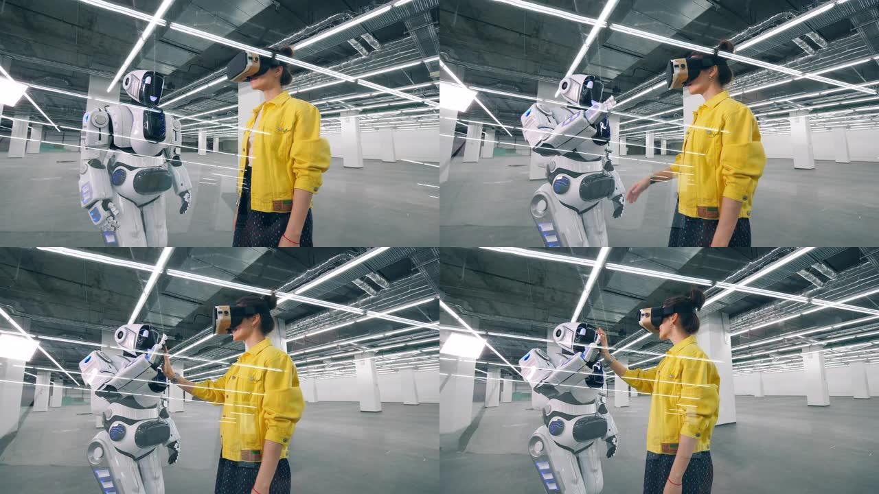 类人机器人正在触摸一只戴着VR眼镜的女人的手