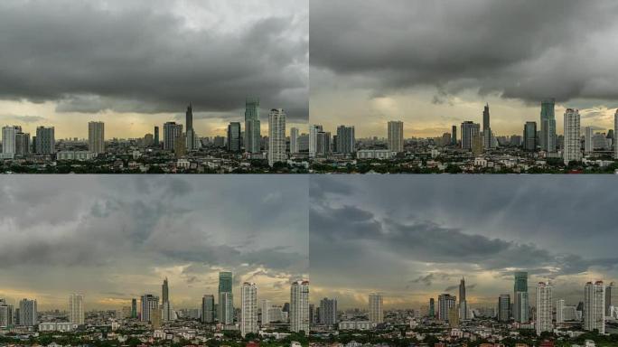 曼谷城市景观河边的4k时间流逝，傍晚时分，云雨或雨季有风