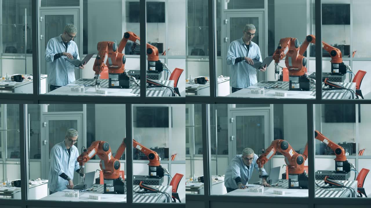男性实验室工作人员正在用机器人设备监督实验