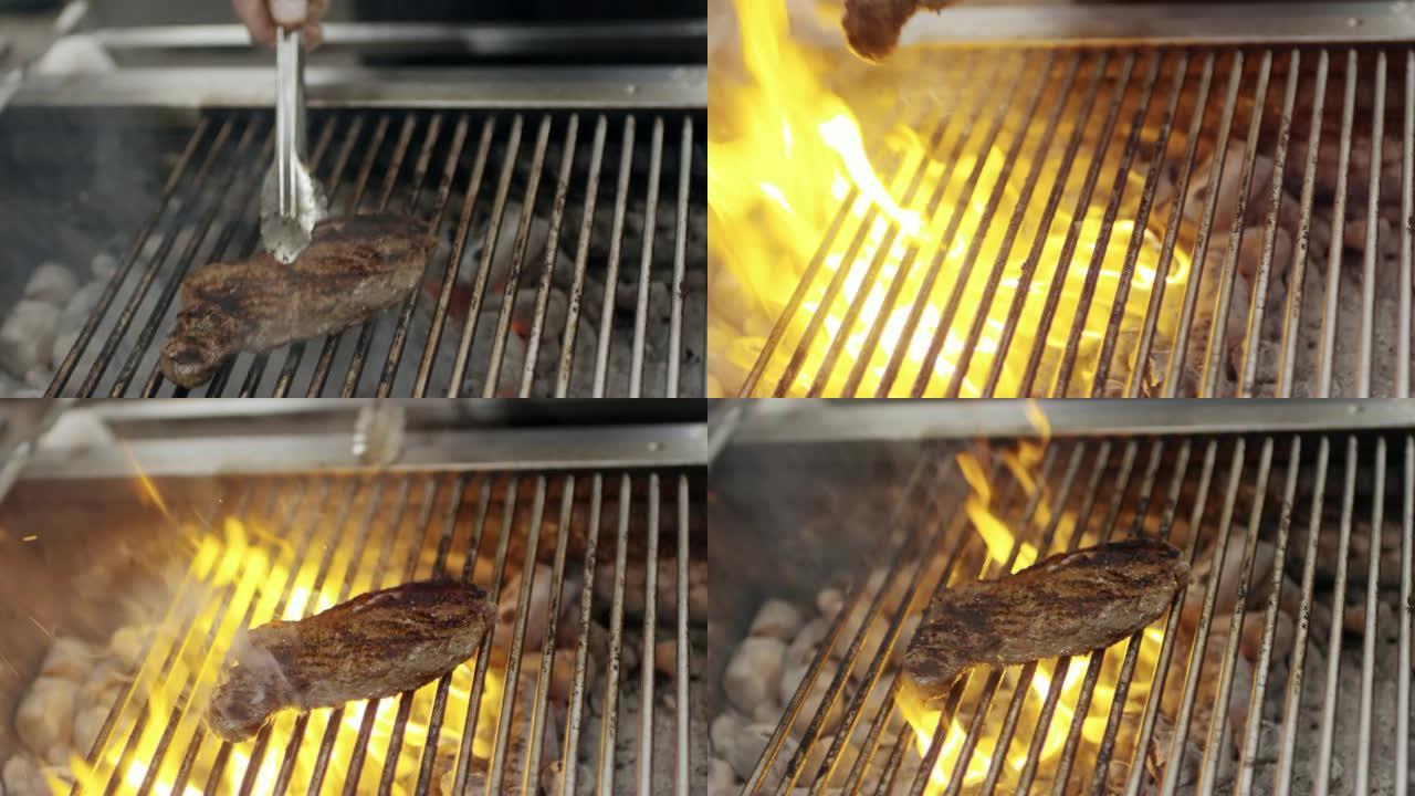 在烤架上烘烤牛肉的过程