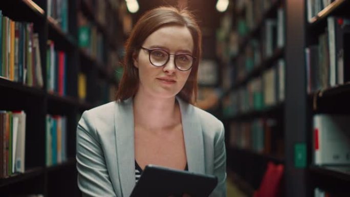 大学图书馆研究: 一个聪明美丽的高加索女孩在数字平板电脑上写任务纸的肖像。可爱的正宗女孩看着相机微笑
