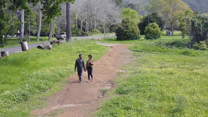 非洲年轻夫妇在公园散步的鸟瞰图