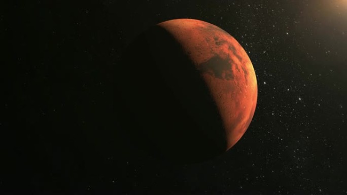 火星。相机正在接近并在火星附近飞行。从太空看。星星闪烁。4K。太阳从右上角照射。火星被太阳照射到一半