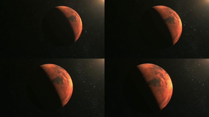 火星。相机正在接近并在火星附近飞行。从太空看。星星闪烁。4K。太阳从右上角照射。火星被太阳照射到一半
