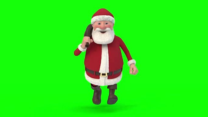 绿色背景上的圣诞老人。无缝循环3d动画。前视图