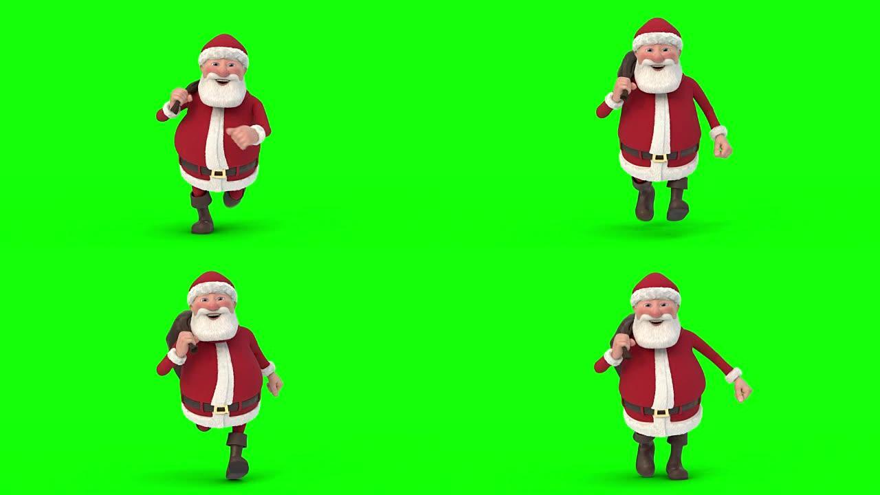 绿色背景上的圣诞老人。无缝循环3d动画。前视图