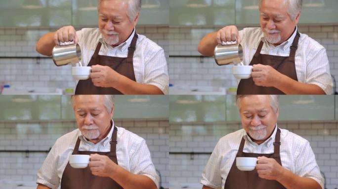 快乐的亚洲老人老板煮咖啡。创业，退休，愿景，成功，创新，机会，小企业，老龄化，智慧，独立，协作，领导