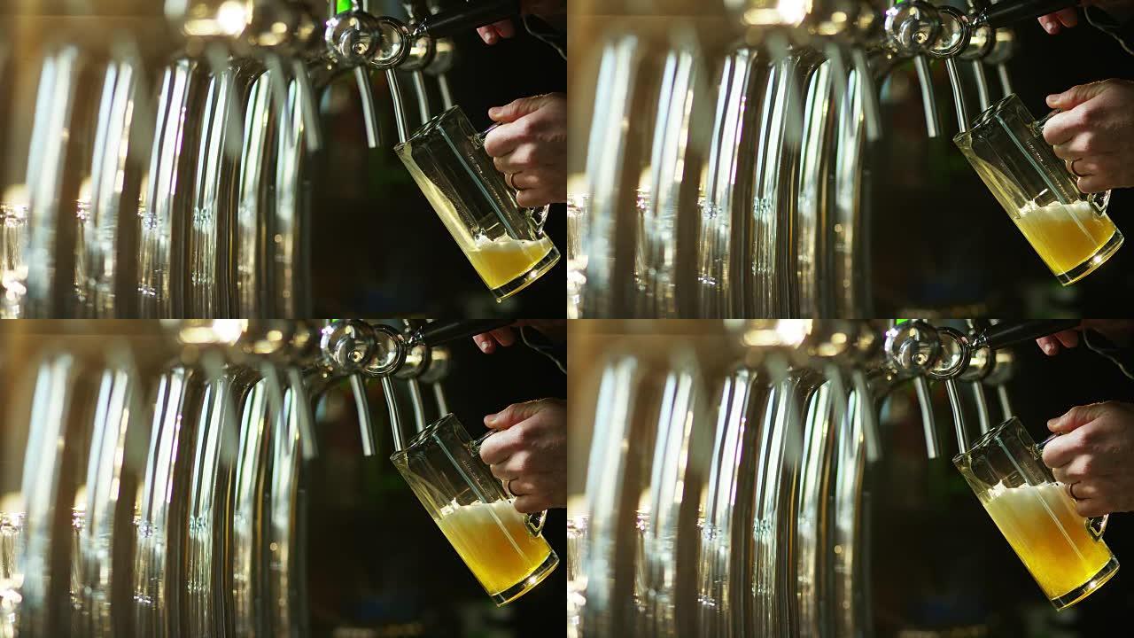 啤酒酿造大师的手塞住了淡淡的啤酒泡沫，完全自然。