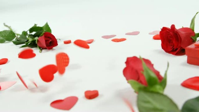 白色背景上的红玫瑰、礼品盒和坠落的心4k