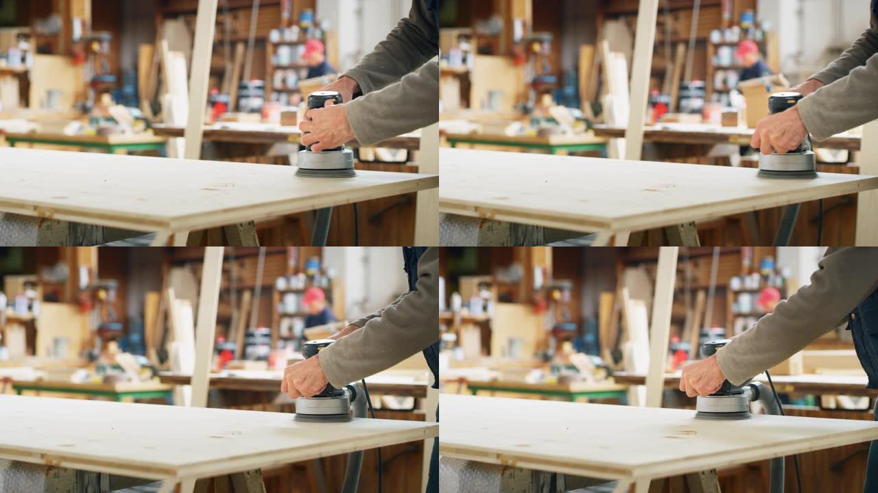 在一家木材工厂的车间里，专业木匠在木板上的特写镜头。