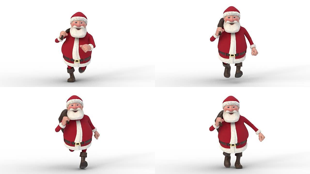 圣诞老人在白色背景上奔跑。无缝循环3d动画。前视图