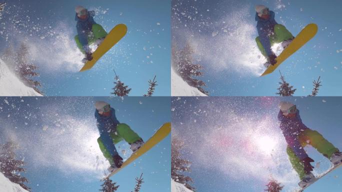 慢动作特写: 激动的滑雪者在山区偏远地区跳过太阳