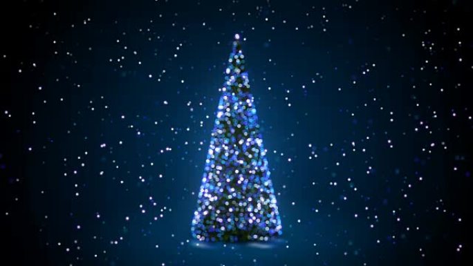 蓝色的圣诞树，闪烁的灯光在散焦的模糊Bokeh中降雪。问候背景无缝3d动画。圣诞快乐，新年快乐。