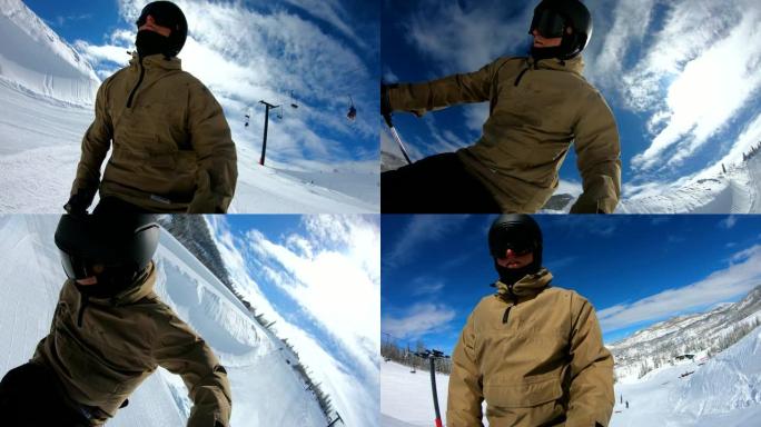 在阳光明媚的冬日，POV男子滑雪做极端的后空翻跳跃