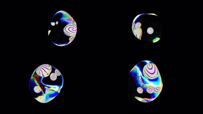 彩色3D抽象动画背景。在黑暗空间中运动多色球。主动移动液体彩色球体。动态波状球面光谱颜色渐变。彩虹波