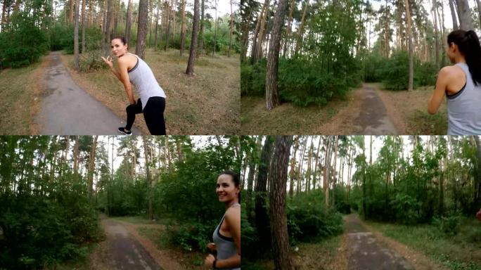 森林中男女运动员跑步的POV