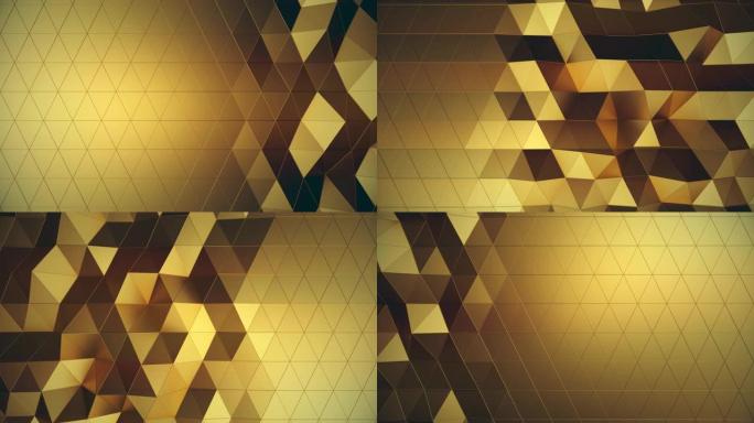 美丽的金色低聚表面在抽象3d动画中变形。4k无缝循环3d渲染背景