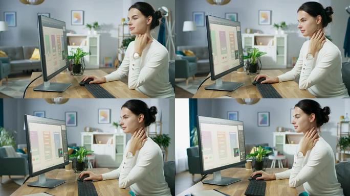 美丽的女性软件设计师在UX/UI移动应用程序模板上工作，使用个人计算机。在家工作的自由程序员。模拟应