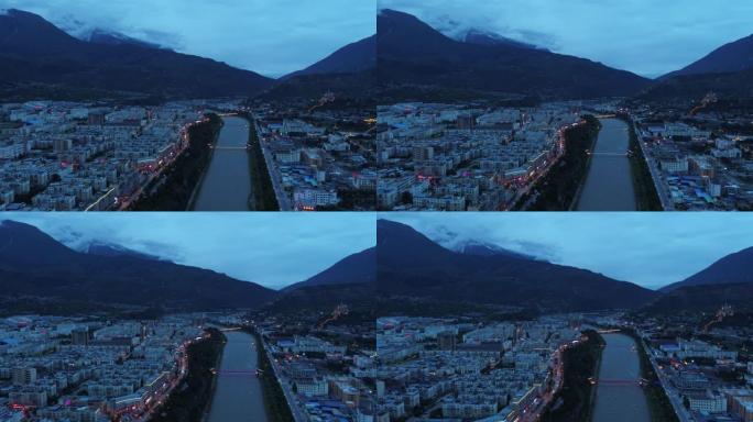 晚上山上的小城市傍晚蓝调夜景风景风光
