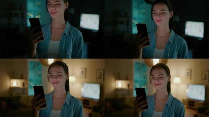 年轻漂亮的女人给智能手机上的智能家居应用程序发出语音命令，房间里的灯正在打开。这是一个舒适的夜晚。