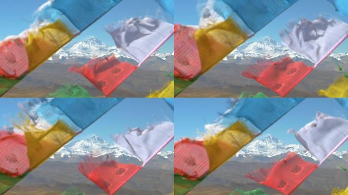 特写: 珠穆朗玛峰的壮丽景色在风中飘扬的模糊祈祷旗后面